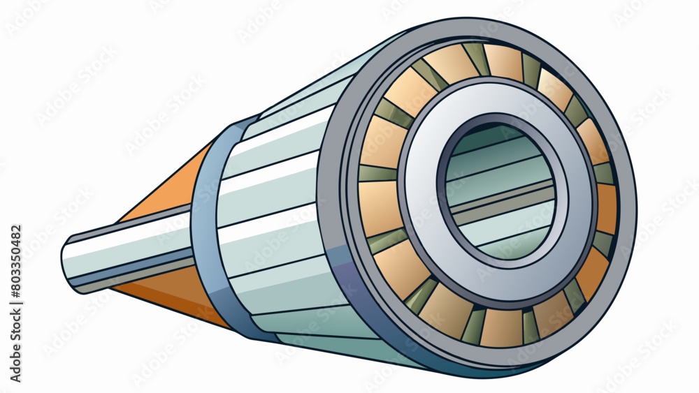 Poster A tapered roller bearing has a conical shape with the larger end attached to the rotating shaft and the smaller end connected to the stationary part. Cartoon Vector