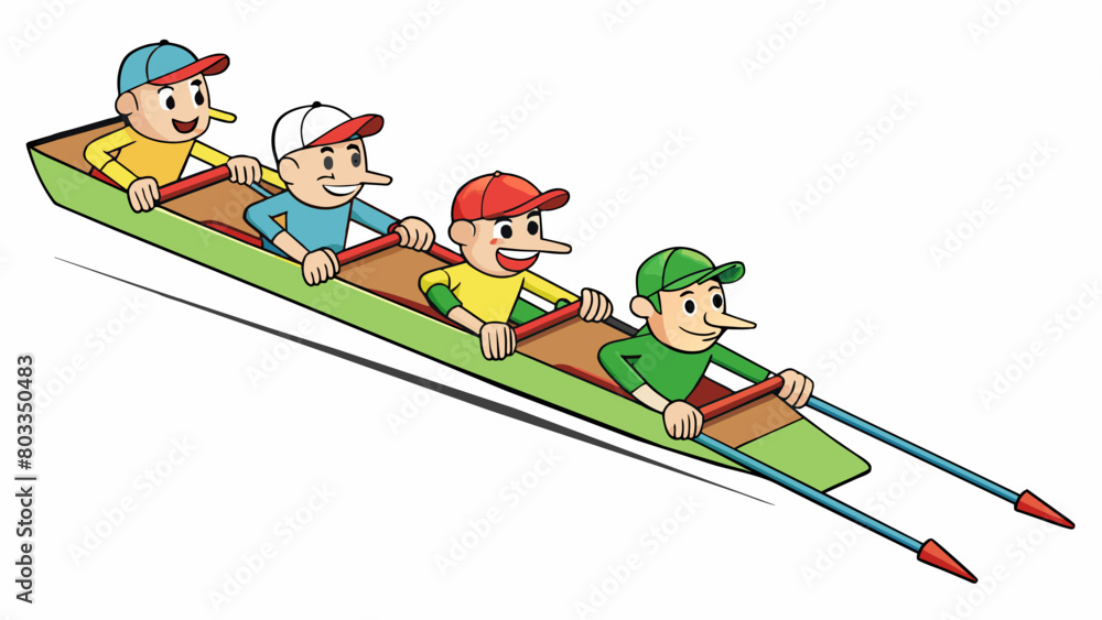 Poster A team rowing in sync In this illustration a group of individuals are in a boat rowing in perfect synchronization. Their paddles are all in the same. Cartoon Vector