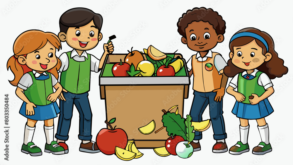 Poster at a school a group of students stand around a large compost bin carefully depositing their lunch sc