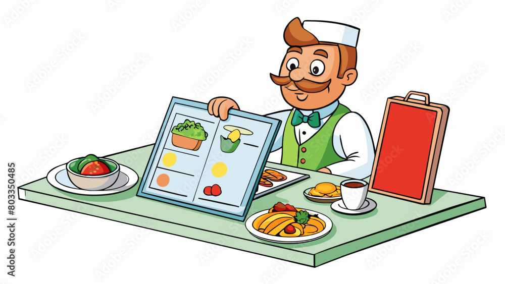 Aufkleber At a restaurant a diner peruses the menu and chooses a dish with fresh vegetables a savory protein and a flavorful sauce.. Cartoon Vector
