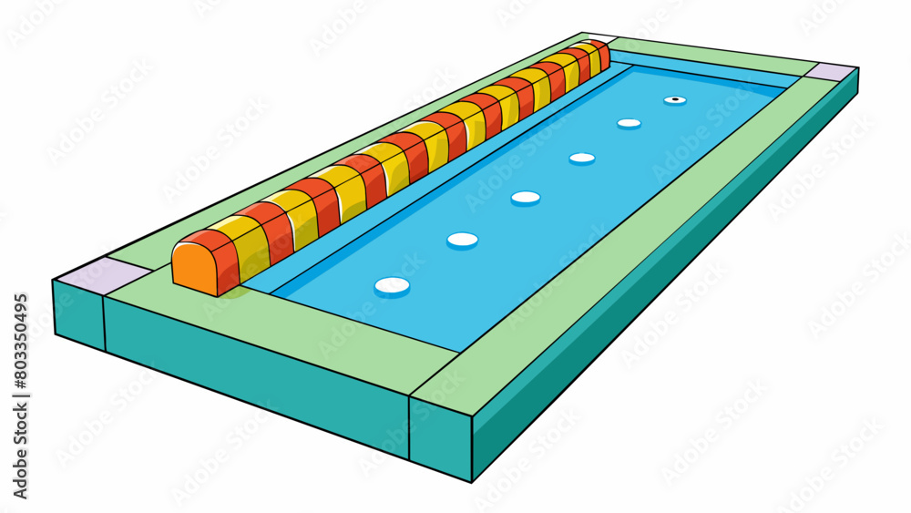 Poster At a swimming pool there are clear and visible depth markers p along the edge of the pool. These markers are brightly colored and include numbers. Cartoon Vector