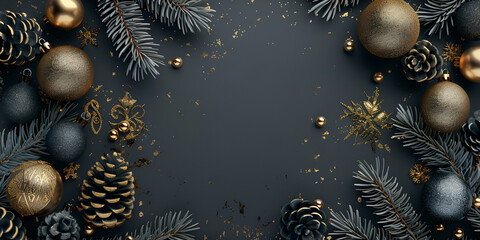Dark blue christmas background with golden gifts christmas balls and stars Elegant Christmas...