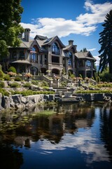 Fototapeta premium A luxurious mansion with a beautiful water feature in front
