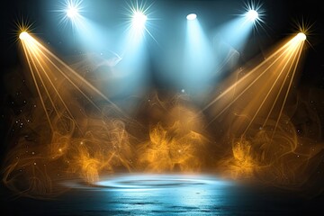 Illuminated stage with scenic lights and smoke. Yellow spotlight with smoke volume light effect on...