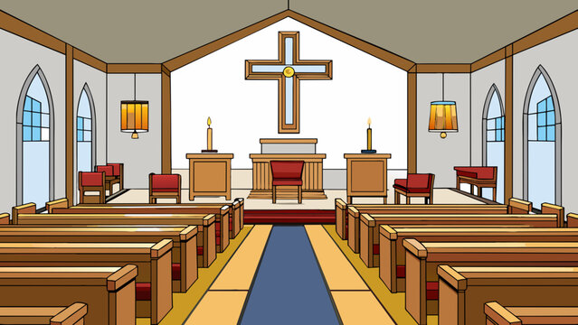 As you enter the church you are greeted by rows of pews leading towards a raised platform. On the platform sits a simple wooden pulpit flanked by tall. Cartoon Vector