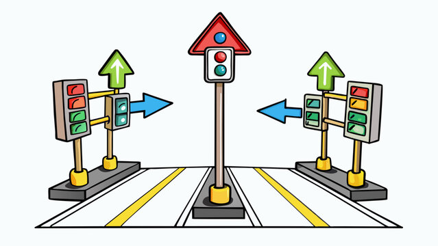 At a busy intersection the traffic signals have clear priority with bold arrows and numbers indicating which direction has the right of way.. Cartoon Vector