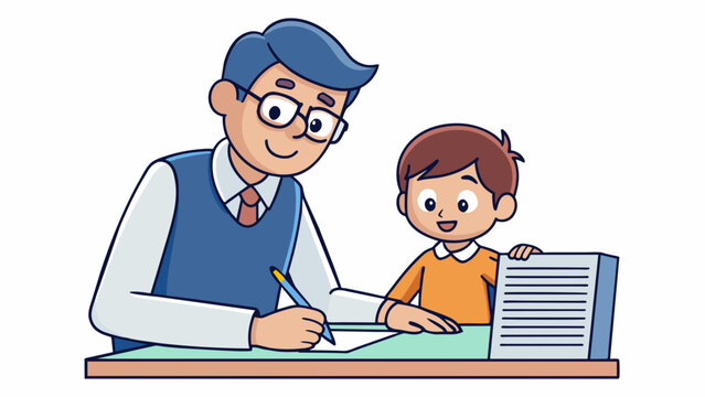 A teacher and a student sitting at a desk reviewing a draft of an essay. The teacher leans forward offering constructive feedback and helping the. Cartoon Vector
