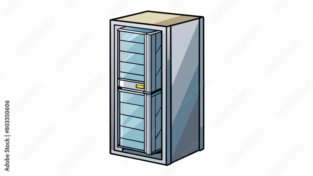 Poster A tall rectangular box with a sleek metallic finish incorporating a separate door for the freezer and multiple shelves for efficient storage of food. Cartoon Vector