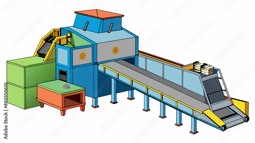 Poster a tall machine with multiple rotating blades and a conveyor belt feeding system. this industrial shr