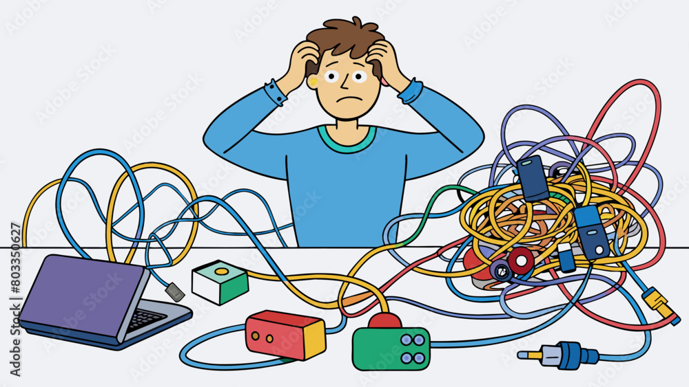 Poster A tangled mess of colorful wires cords and electronic devices tered across a table with someone scratching their head in confusion as they attempt to. Cartoon Vector