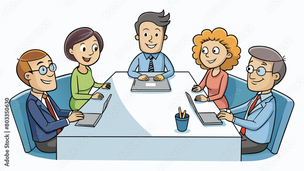 Poster At a workplace meeting a group of coworkers gather around a conference table each with a notepad and pen in front of them. The room is filled with the. Cartoon Vector