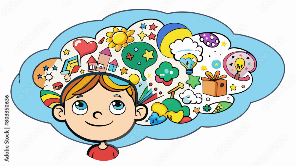 Poster A thought bubble emanating from a childs head filled with colorful images and words representing their thoughts and imagination. The bubble is. Cartoon Vector