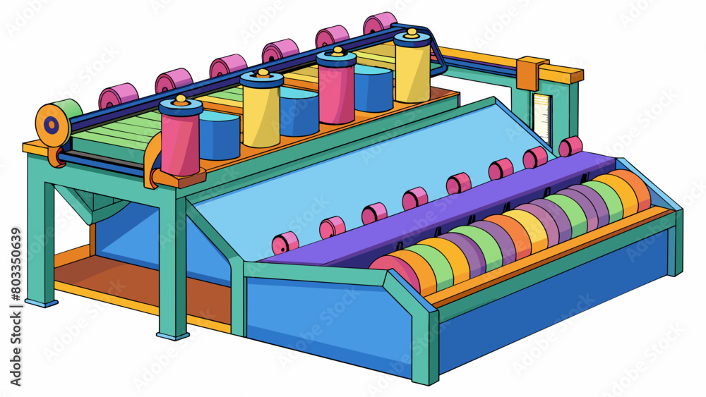 Aufkleber a textile mill with rows of spinning machines that weave together soft and colorful fabrics producin