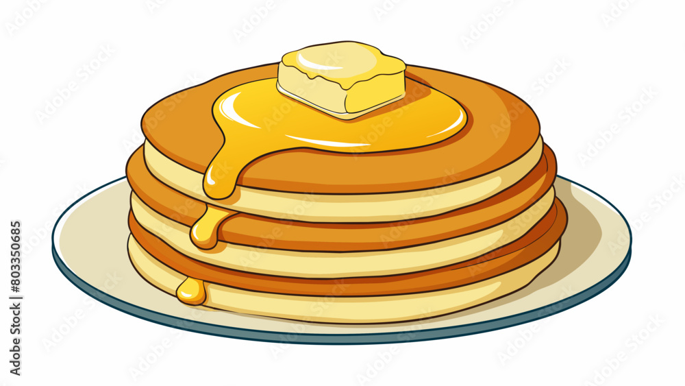 Poster a tower of fluffy pancakes drizzled with sweet maple syrup and topped with a pat of melting butter. 