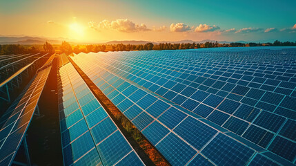 Solar park in desert, sunset time