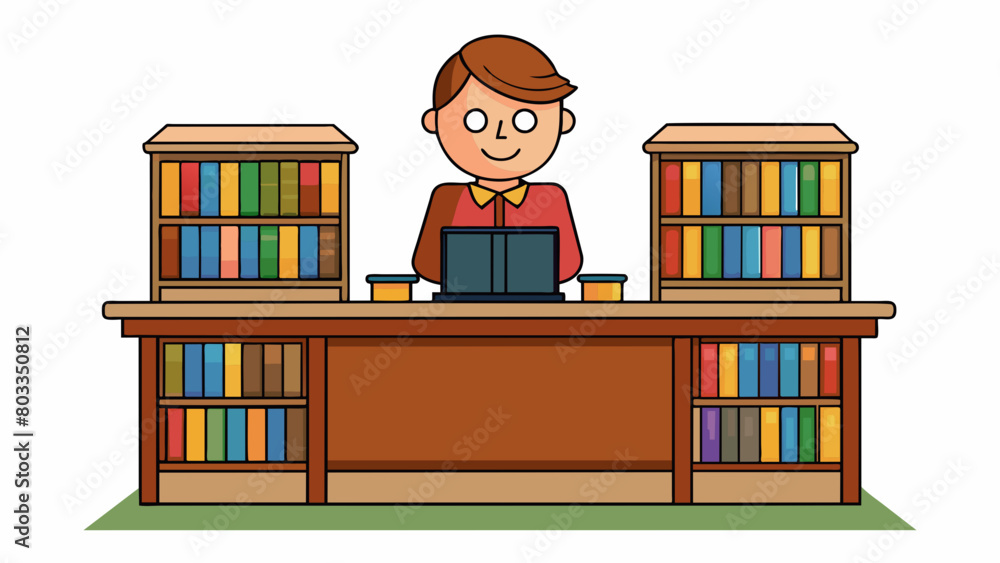 Poster at the center of the library there is a large wooden desk with a friendly librarian stationed behind