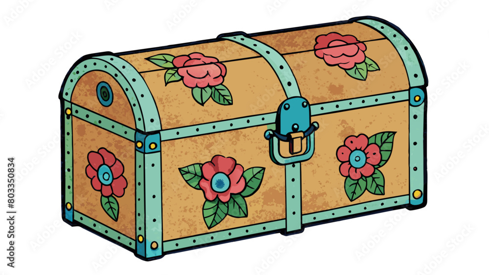 Poster a unique chest made from an old repurposed suitcase. it has a colorful floral pattern on the outside