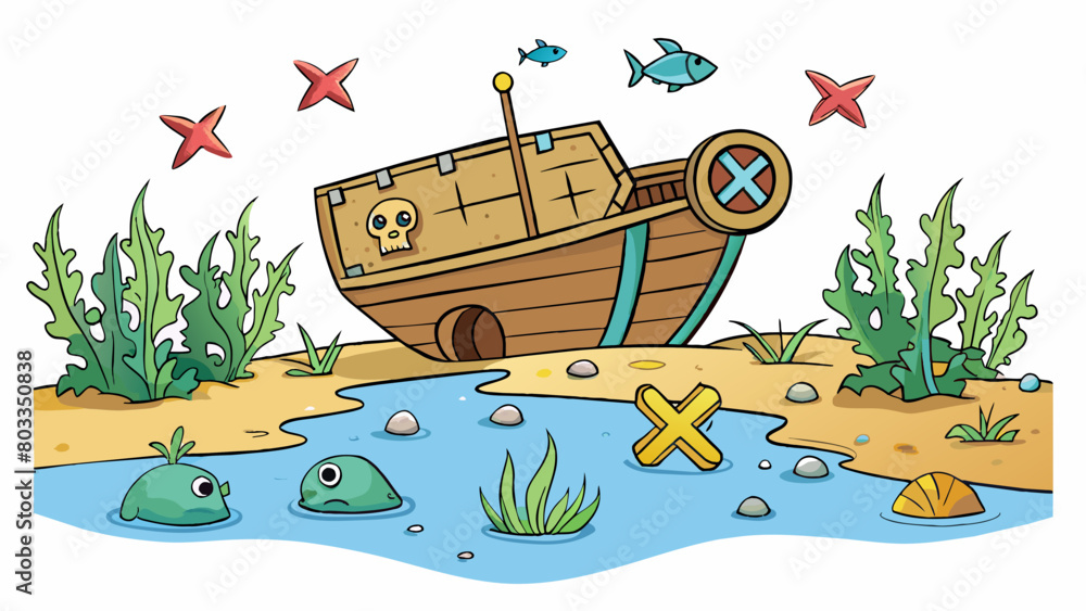Poster at the bottom of a deep and treacherous sea a sunken ship rests ast swaying seaweed and schools of g