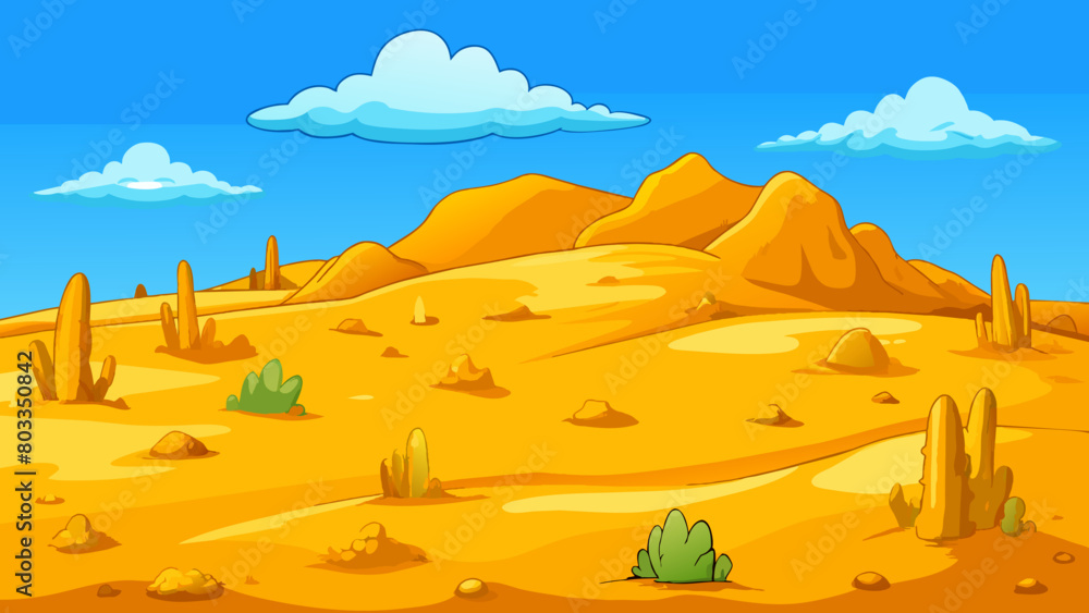 Poster a vast desert stretching for miles in every direction. the sand is golden and hot to the touch with 