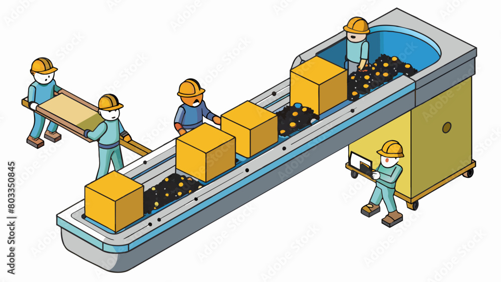 Poster At the beginning of the assembly line there is a large storage bin filled with raw materials. As the materials move down the line they are gradually. Cartoon Vector