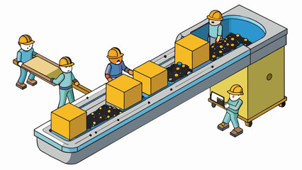 At the beginning of the assembly line there is a large storage bin filled with raw materials. As the materials move down the line they are gradually. Cartoon Vector