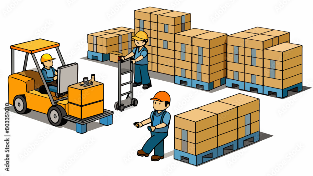 Poster A warehouse filled with rows of neatly stacked boxes and crates. Workers use forklifts and pallet jacks to move the boxes and the air is filled with. Cartoon Vector