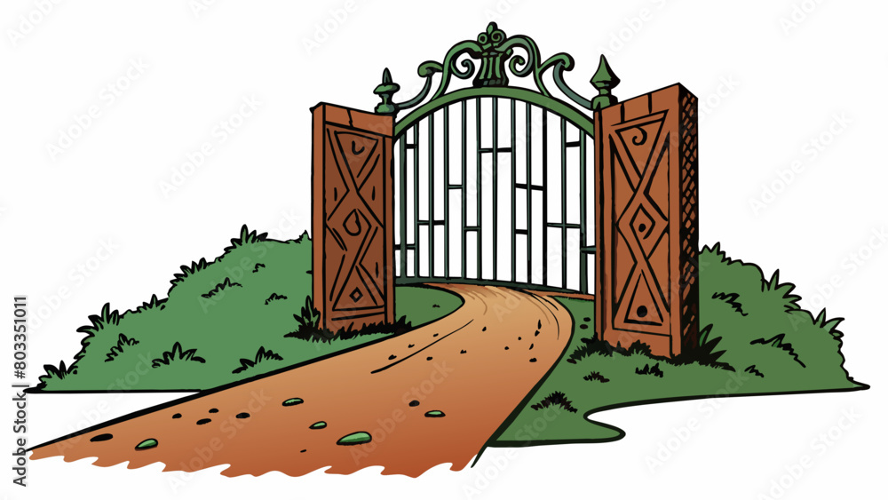 Poster A weathered and rusted gate partially open revealing a dark and overgrown path beyond. The gate represents the feeling of fear and hesitation while. Cartoon Vector