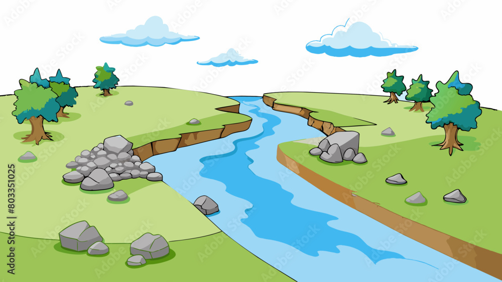 Aufkleber A wide river spreads out across a wide floodplain its calm surface reflecting a cloudy sky. Large boulders and fallen trees dot the river creating. Cartoon Vector