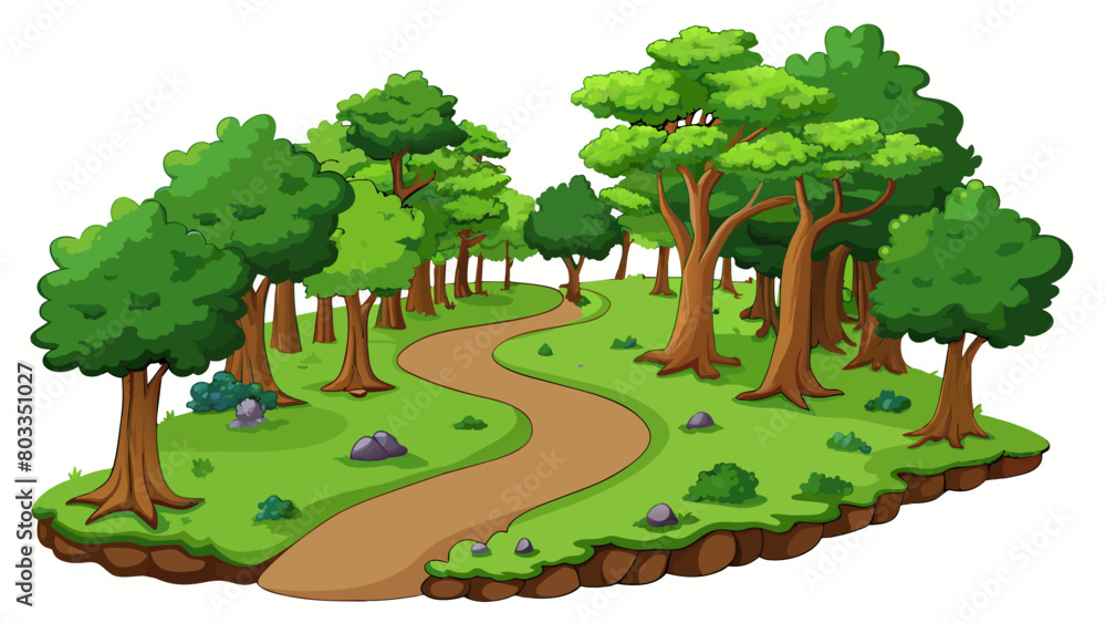 Aufkleber a winding dirt path leading through a dense forest surrounded by trees with dark rough bark and vibr