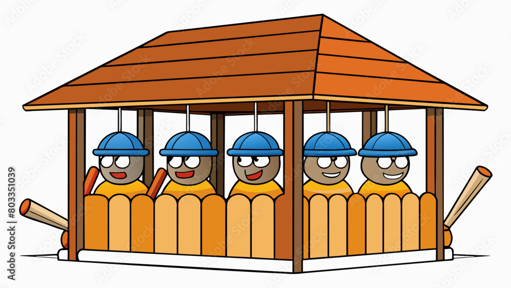 Poster A wooden dugout with a roof filled with players in various stages of readiness clutching helmets and bat waiting for their turn to bat.. Cartoon Vector