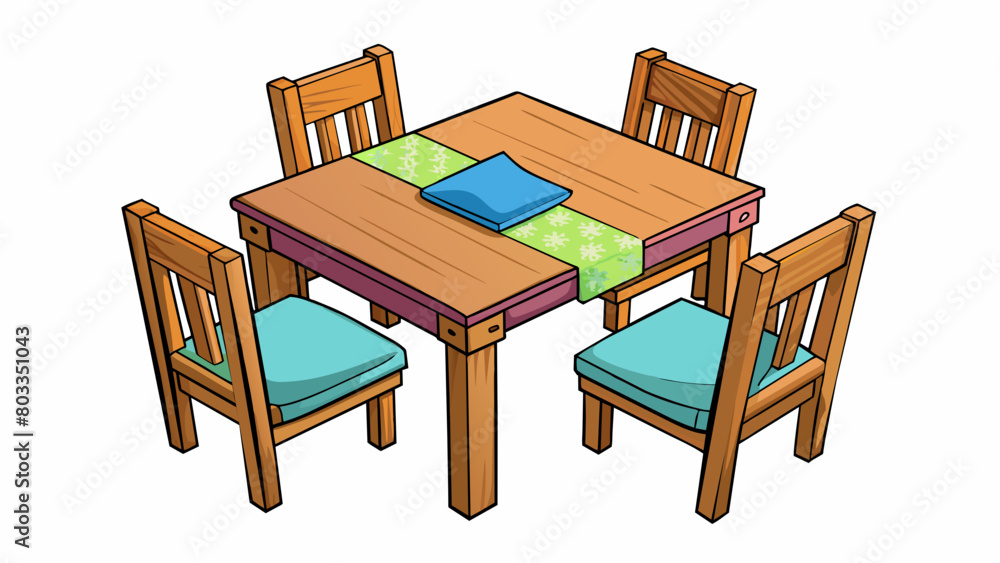 Aufkleber A wooden dining table with four chairs each with a different colored cushion.. Cartoon Vector
