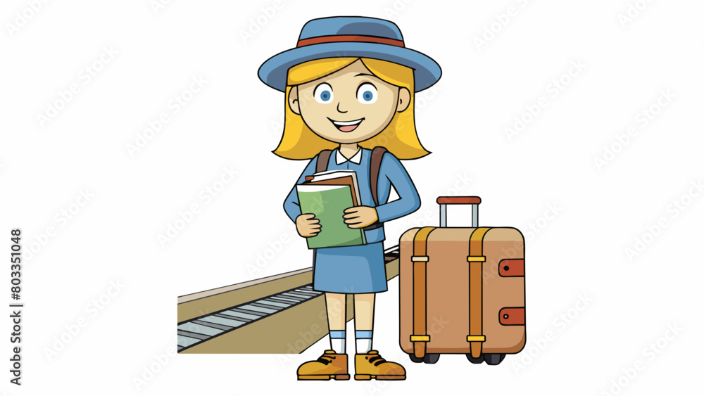 Poster a woman stands in line at the train station lugging a large weathered suitcase with stickers from va