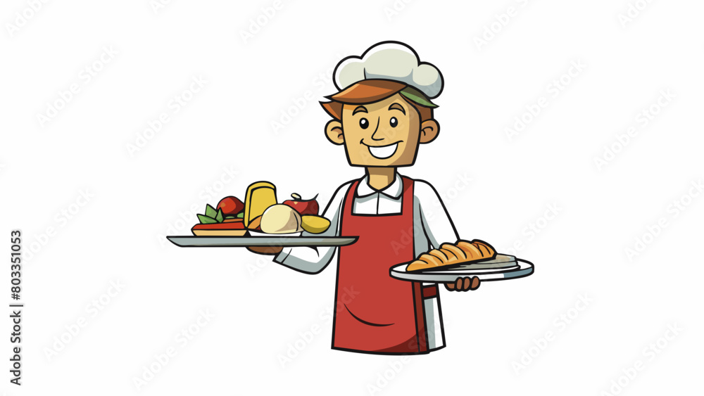 Poster a worker at a restaurant balances a tray of food as they make their way to a table of hungry custome