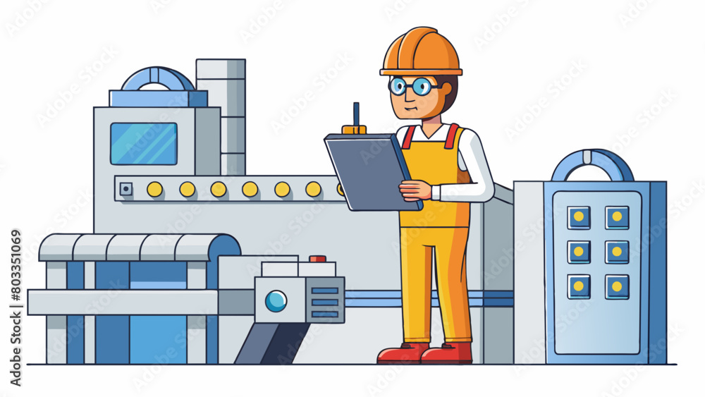 Poster A worker at a factory stands in front of a large machine diligently monitoring and adjusting the production line. They wear protective goggles and. Cartoon Vector