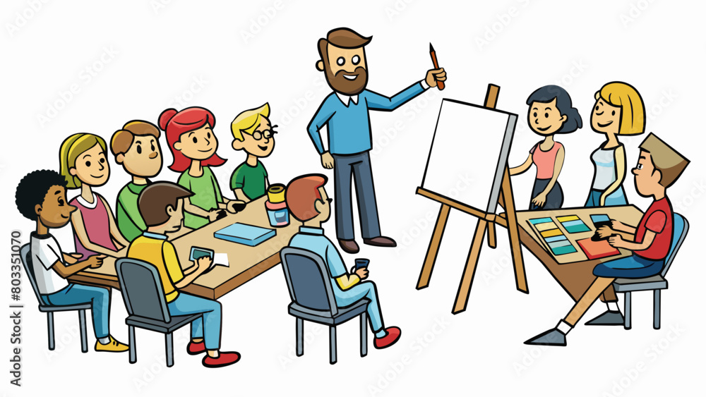 Poster A workshop session where a group of people are sitting around a large table each with a canvas and painting supplies in front of them. The instructor. Cartoon Vector
