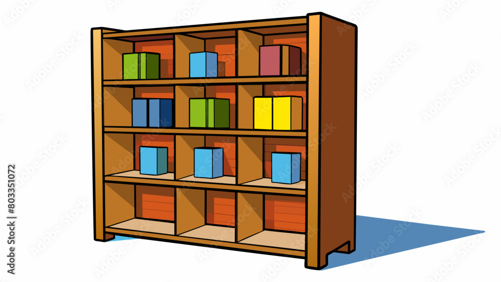 Poster a wooden bookshelf with several shelves and adjustable dividers. the shelves are sy and wide enough 