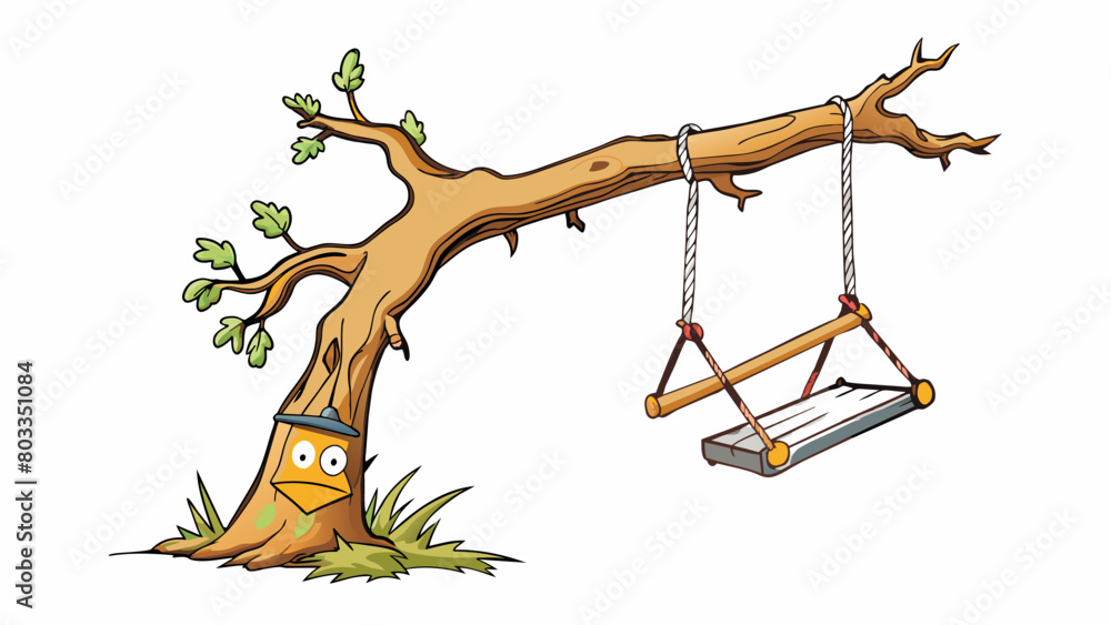 Poster A worn out rope swing hanging from a high tree branch begging to be played on despite its frayed and brittle appearance risking a fall.. Cartoon Vector