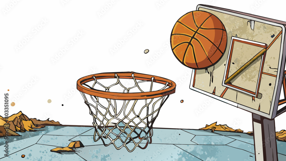 Poster a worn and weathered basketball net hangs from a rusted hoop swaying gently in the breeze. the crack