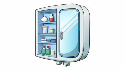 A white wallmounted medicine cabinet with a mirrored door and a convenient shelf inside. Its compact size and rounded edges make it a suitable option. Cartoon Vector