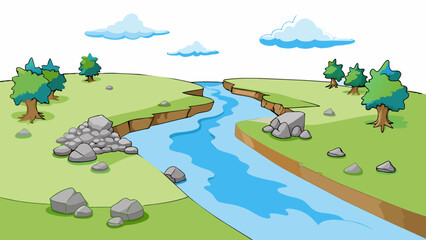 A wide river spreads out across a wide floodplain its calm surface reflecting a cloudy sky. Large boulders and fallen trees dot the river creating. Cartoon Vector