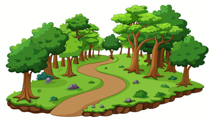 A winding dirt path leading through a dense forest surrounded by trees with dark rough bark and vibrant green leaves that rustle in the gentle breeze.. Cartoon Vector