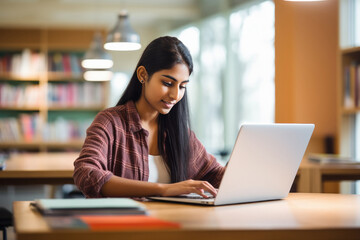 college girl using laptop at library