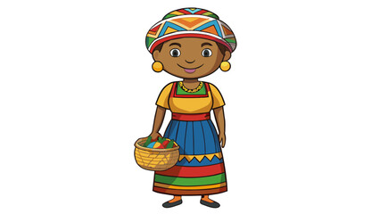 Naklejka premium A woman with a colorful head wrap wearing a vibrant handwoven dress and carrying a woven basket celebrating her culture and heritage through her. Cartoon Vector