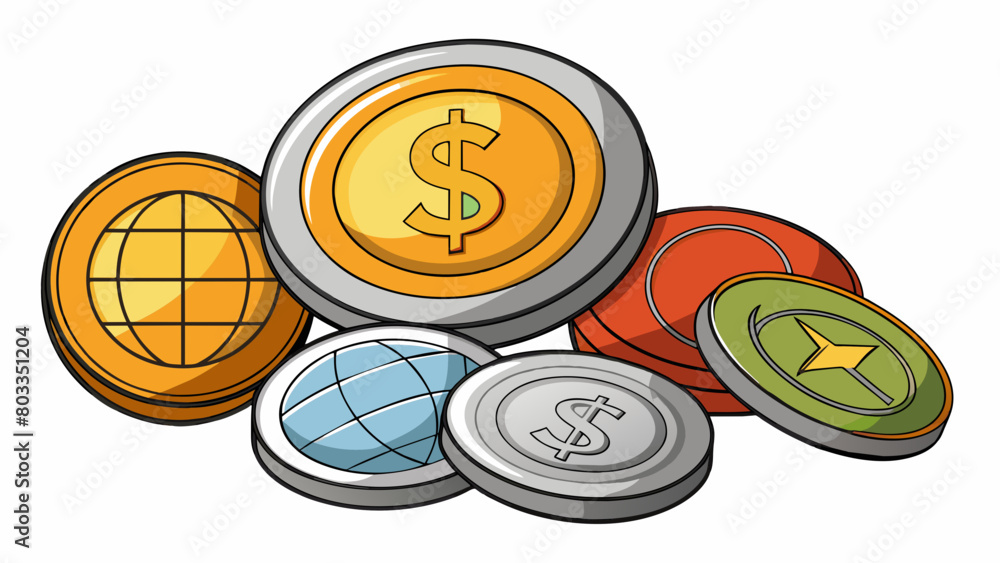 Poster Coins made of metal ranging in size shape and color with different values engraved on them. They often feature images or symbols that represent the. Cartoon Vector