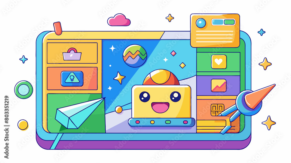 Poster colorful and engaging interface with vibrant images and animations. cartoon vector
