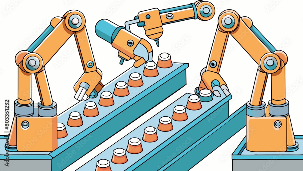 Poster Deep inside a secure facility rows of robotic arms move around a large machine filling it with clear capsules and sealing them shut. The machine then. Cartoon Vector