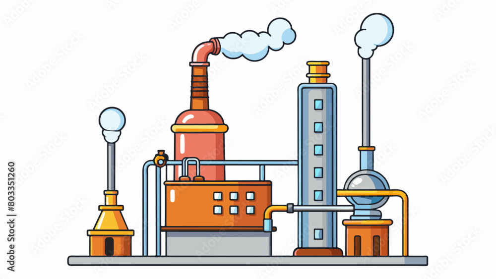 Poster distillation tower a tall cylindrical tower stands in the middle of a large industrial complex. stea