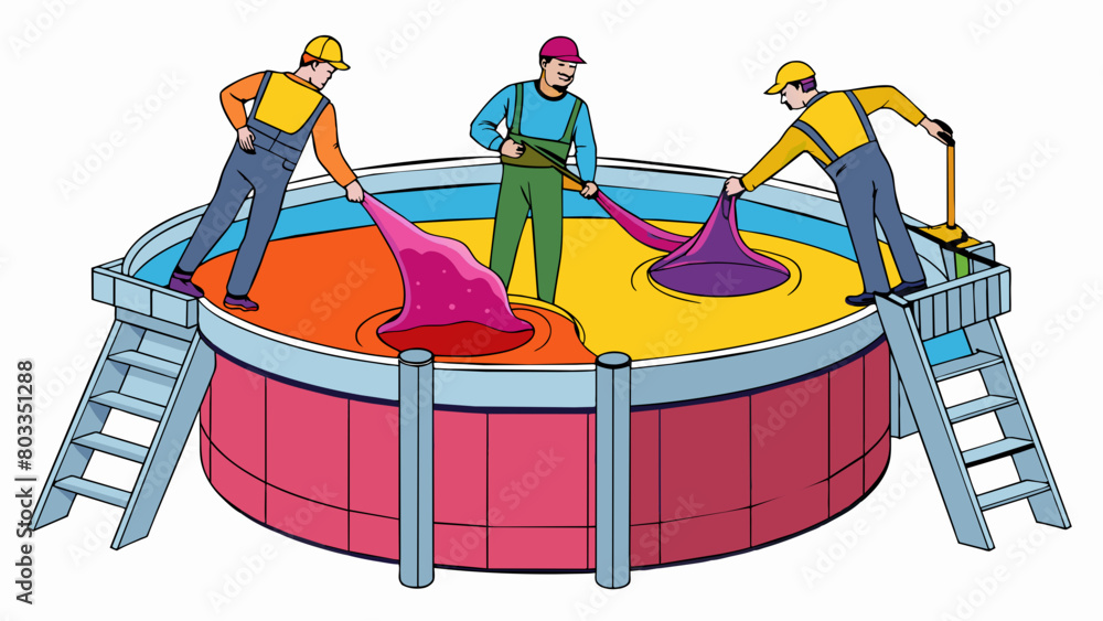 Poster dyeing large vats are filled with vibrant swirling liquid as workers carefully drop in bolts of natu