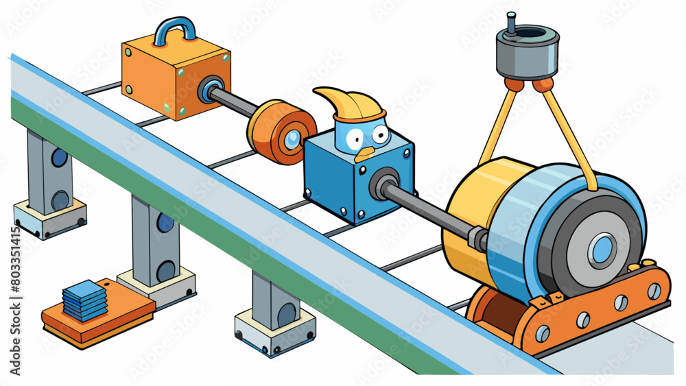 Poster in a bustling assembly line a tall industrial motor can be seen lifting and moving heavy objects wit