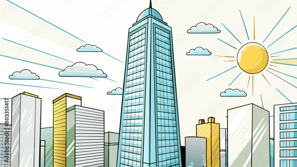 Canvas Prints In a bustling cityscape a colossal towering skyscr stands out a the shorter buildings its shiny glass exterior reflecting the suns rays and demanding. Cartoon Vector